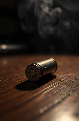 A vibrant and dramatic scene depicting a lone bullet in a close-up view, resting on a polished wooden table