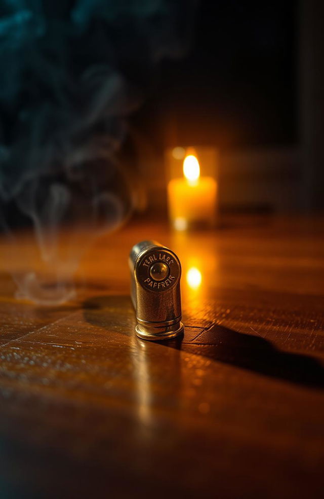 A vibrant and dramatic scene depicting a lone bullet in a close-up view, resting on a polished wooden table