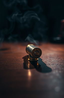 A vibrant and dramatic scene depicting a lone bullet in a close-up view, resting on a polished wooden table