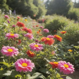 An array of vibrant, blooming flowers in a lush garden under soft sunlight.