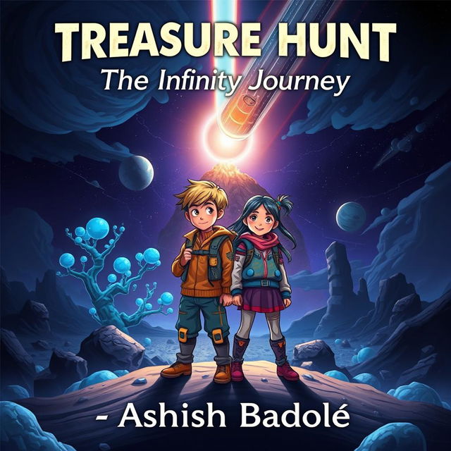 Create a thrilling and mysterious book cover for a kids' sci-fi adventure story featuring two young heroes, a boy and a girl, standing side by side in a vibrant alien landscape