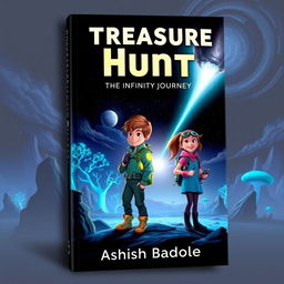 Create a thrilling and mysterious book cover for a kids' sci-fi adventure story featuring two young heroes, a boy and a girl, standing side by side in a vibrant alien landscape