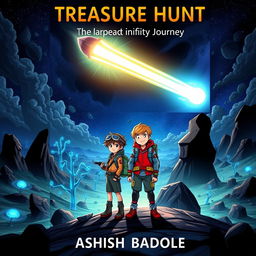 Create a thrilling and mysterious book cover for a kids' sci-fi adventure story featuring two young heroes, a boy and a girl, standing side by side in a vibrant alien landscape
