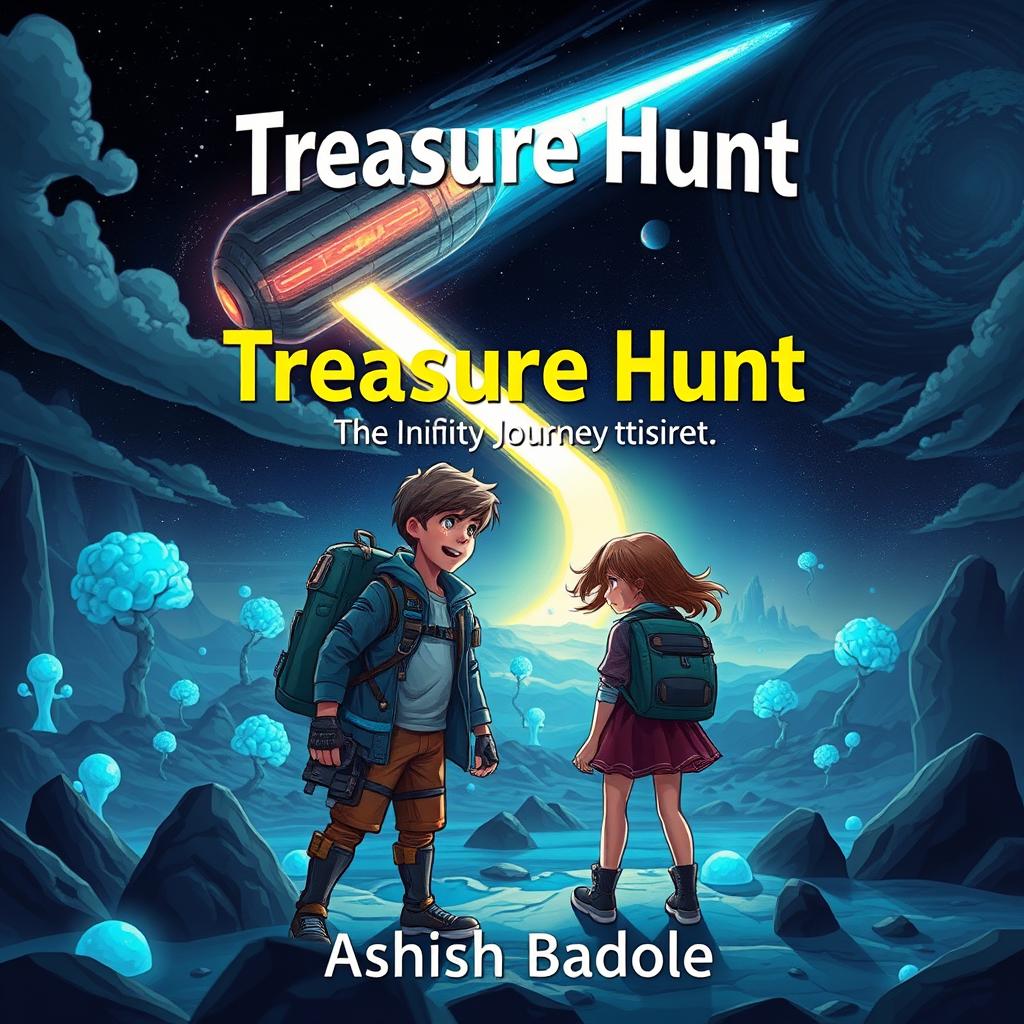 Create a thrilling and mysterious book cover for a kids' sci-fi adventure story featuring two young heroes, a boy and a girl, standing side by side in a vibrant alien landscape