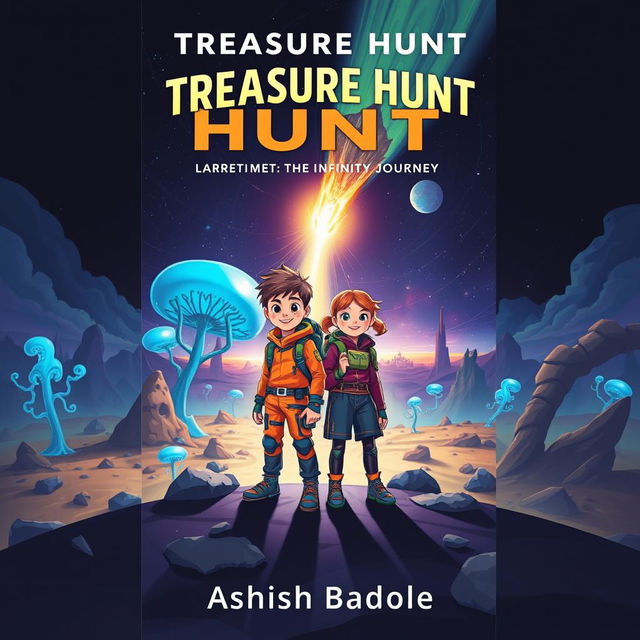 Create a thrilling and mysterious book cover for a kids' sci-fi adventure story featuring two young heroes, a boy and a girl, standing side by side in a vibrant alien landscape