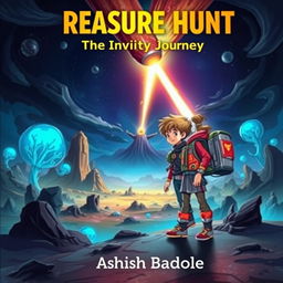 Create a thrilling and mysterious book cover for a kids' sci-fi adventure story featuring two young heroes, a boy and a girl, standing side by side in a vibrant alien landscape
