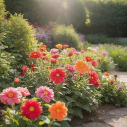 An array of vibrant, blooming flowers in a lush garden under soft sunlight.