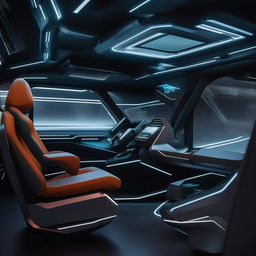 The driver's cabin of a state-of-the-art, futuristic van furnished with advanced technologies and modern design elements.