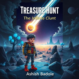 Create a thrilling and mysterious book cover for a kids' sci-fi adventure story featuring two young heroes, a boy and a girl, standing side by side in a vibrant alien landscape