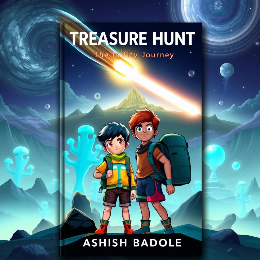 Create a thrilling and mysterious book cover for a kids' sci-fi adventure story featuring two young heroes, a boy and a girl, standing side by side in a vibrant alien landscape