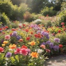 An array of vibrant, blooming flowers in a lush garden under soft sunlight.