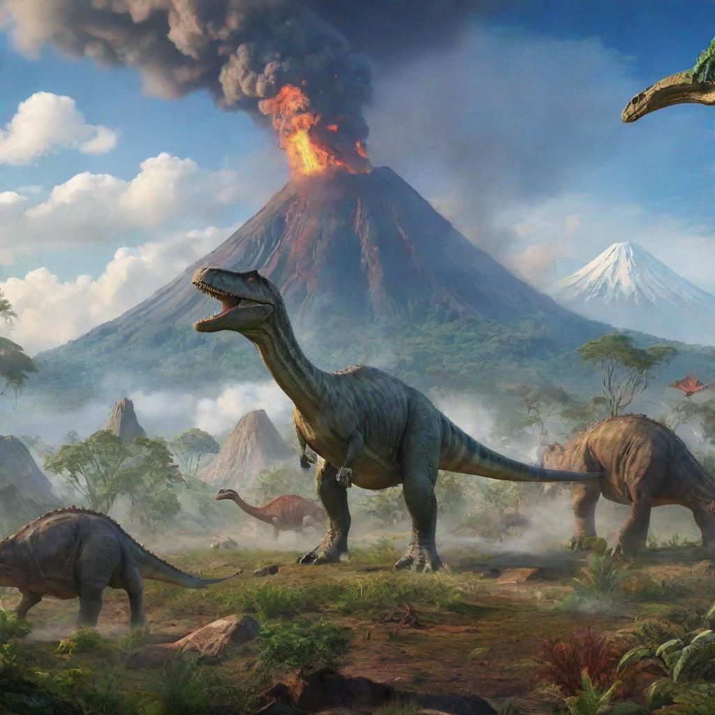 A vibrant world inhabited by diverse species of dinosaurs. Rolling green landscapes, towering trees, with dinosaurs engaged in their natural behaviors. The background showcases volcanoes with gentle smoke rising to the blue, cloudy sky.