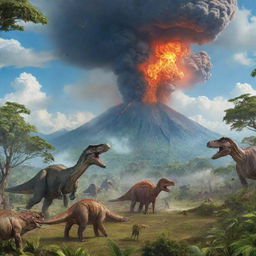 A vibrant world inhabited by diverse species of dinosaurs. Rolling green landscapes, towering trees, with dinosaurs engaged in their natural behaviors. The background showcases volcanoes with gentle smoke rising to the blue, cloudy sky.