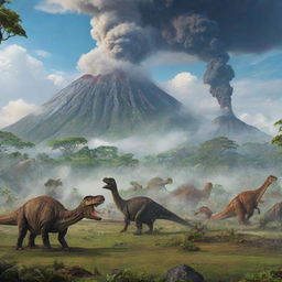 A vibrant world inhabited by diverse species of dinosaurs. Rolling green landscapes, towering trees, with dinosaurs engaged in their natural behaviors. The background showcases volcanoes with gentle smoke rising to the blue, cloudy sky.