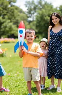 A young boy holding a colorful toy rocket, standing proudly with two friends by his side