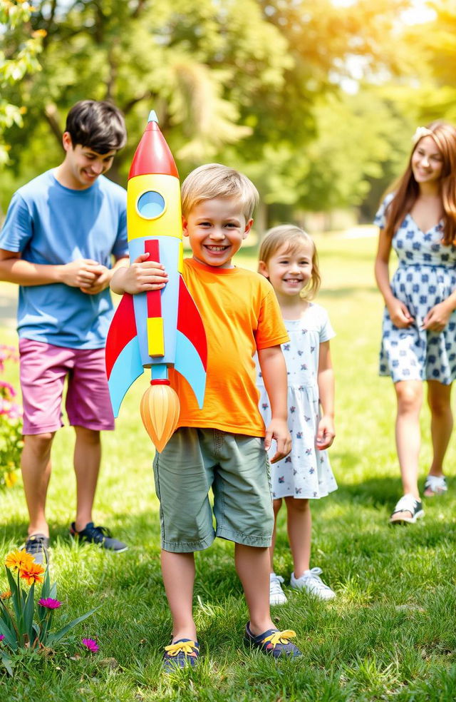 A young boy holding a colorful toy rocket, standing proudly with two friends by his side