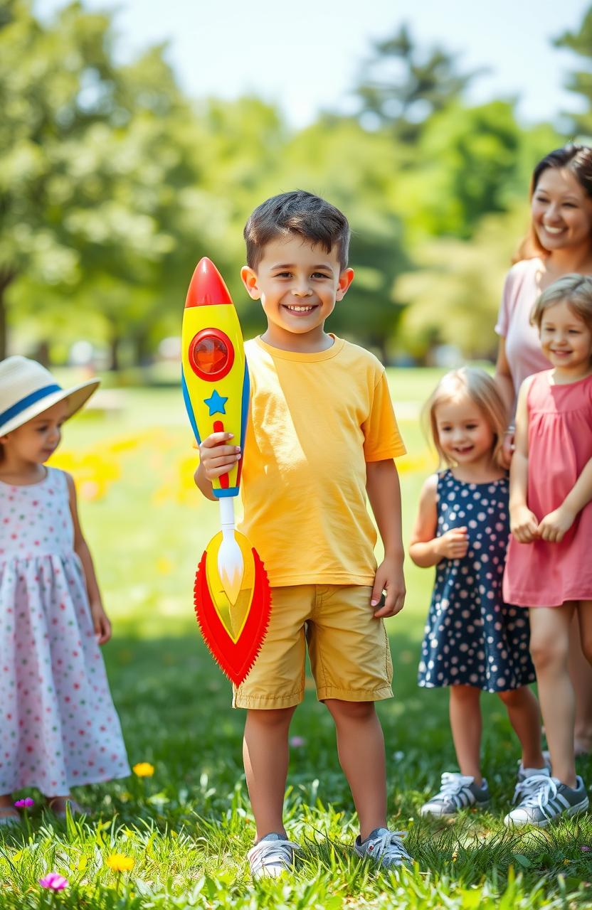 A young boy holding a colorful toy rocket, standing proudly with two friends by his side