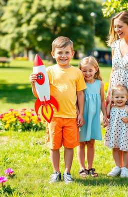 A young boy holding a colorful toy rocket, standing proudly with two friends by his side