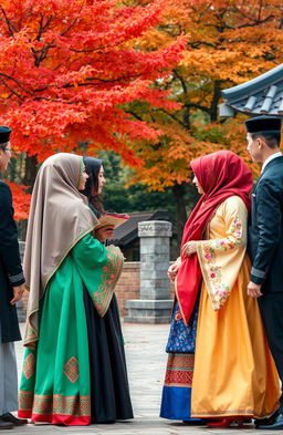 A beautiful scene depicting Muslim women dressed in traditional Korean hanbok, showcasing vibrant colors and intricate designs