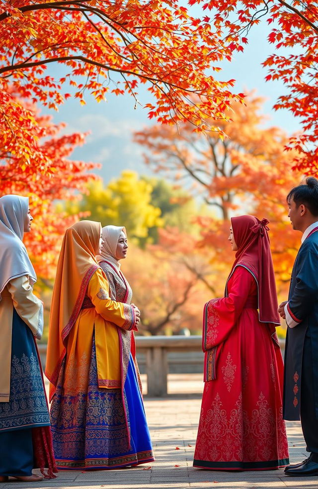 A beautiful scene depicting Muslim women dressed in traditional Korean hanbok, showcasing vibrant colors and intricate designs