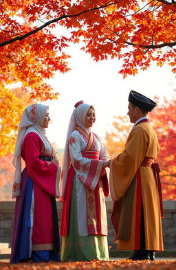 A beautiful scene depicting Muslim women dressed in traditional Korean hanbok, showcasing vibrant colors and intricate designs