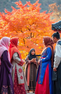 A beautiful scene depicting Muslim women dressed in traditional Korean hanbok, showcasing vibrant colors and intricate designs