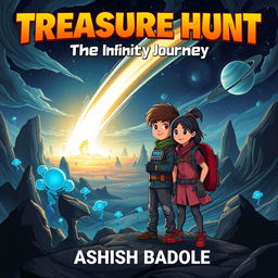 Create a thrilling and mysterious book cover for a kids' sci-fi adventure story featuring two young heroes, a boy and a girl, standing side by side in an imaginative alien landscape