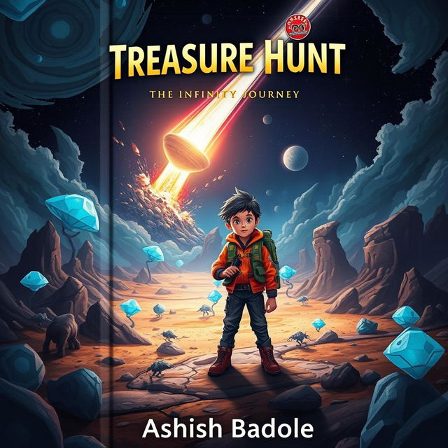 Create a thrilling and mysterious book cover for a kids' sci-fi adventure story featuring two young heroes, a boy and a girl, standing side by side in an imaginative alien landscape