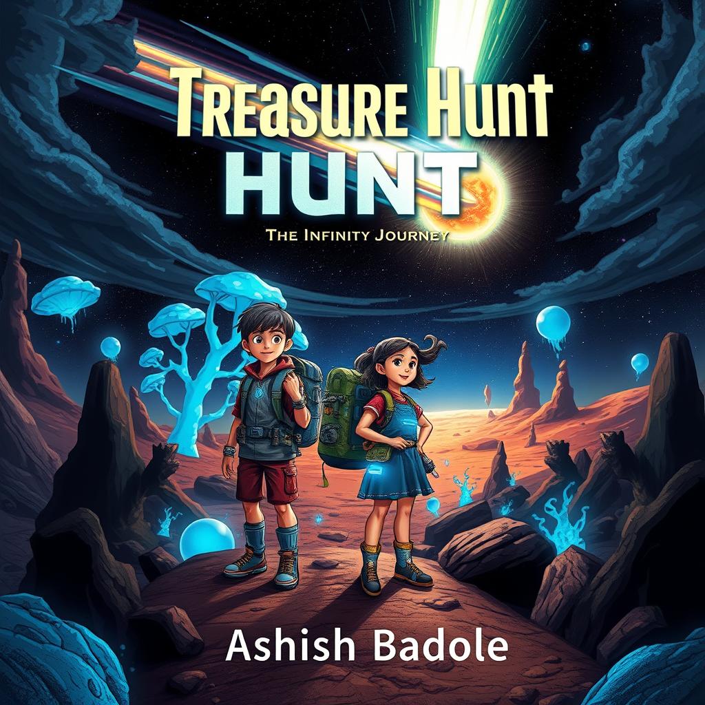 Create a thrilling and mysterious book cover for a kids' sci-fi adventure story featuring two young heroes, a boy and a girl, standing side by side in an imaginative alien landscape