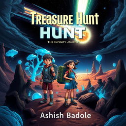 Create a thrilling and mysterious book cover for a kids' sci-fi adventure story featuring two young heroes, a boy and a girl, standing side by side in an imaginative alien landscape