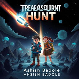 Create a thrilling and mysterious book cover for a kids' sci-fi adventure story featuring two young heroes, a boy and a girl, standing side by side in an imaginative alien landscape