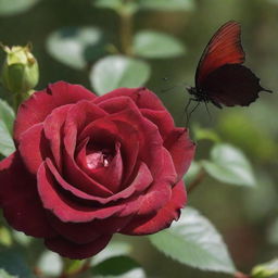 A deep red, velvety rose with a delicately perched butterfly, shimmering under the soft sunlight.