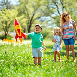 A young boy excitedly holding a colorful toy rocket, standing with two friends who are also smiling and enthusiastic