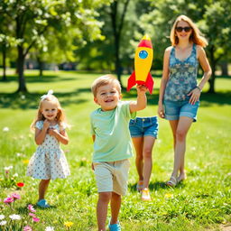 A young boy excitedly holding a colorful toy rocket, standing with two friends who are also smiling and enthusiastic