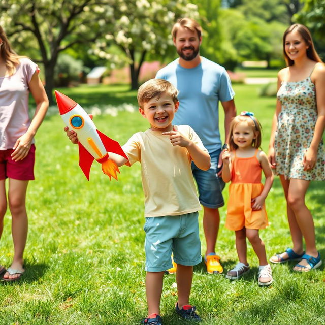 A young boy excitedly holding a colorful toy rocket, standing with two friends who are also smiling and enthusiastic