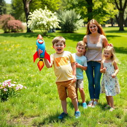 A young boy excitedly holding a colorful toy rocket, standing with two friends who are also smiling and enthusiastic