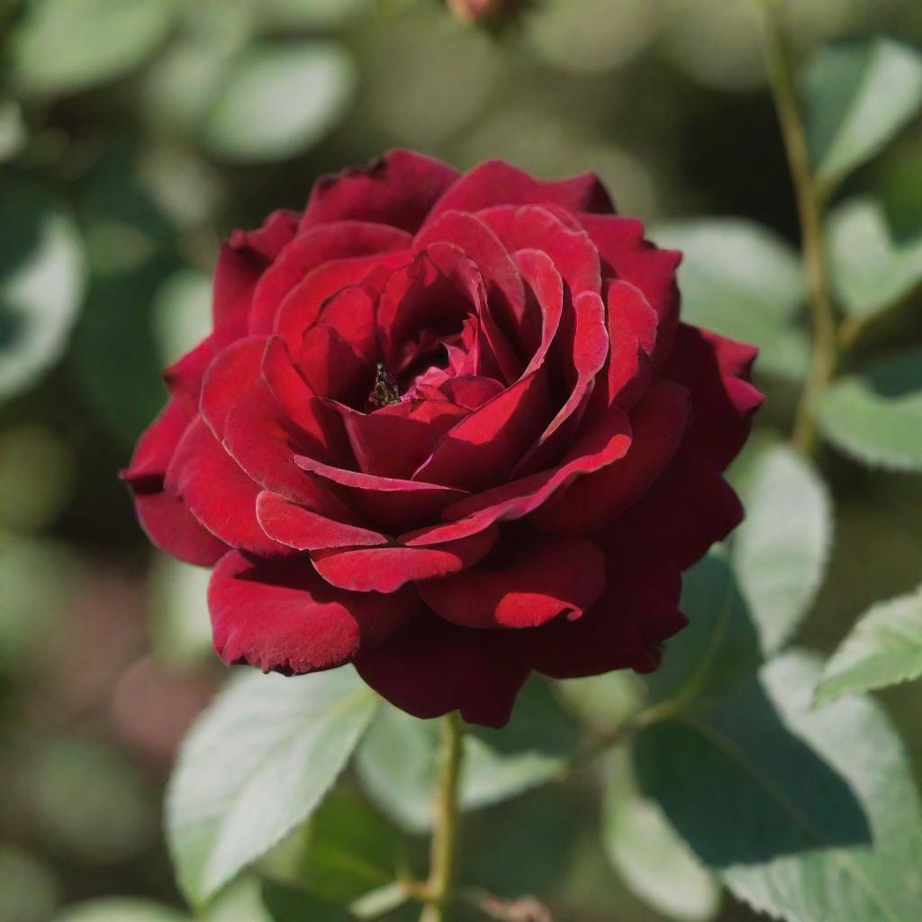 A deep red, velvety rose with a delicately perched butterfly, shimmering under the soft sunlight.