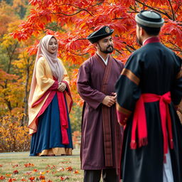 A Muslim woman dressed in traditional Korean attire, known as hanbok, showcasing vibrant colors and flowing fabric, standing gracefully amidst a beautiful autumn landscape