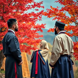 A Muslim woman dressed in traditional Korean attire, known as hanbok, showcasing vibrant colors and flowing fabric, standing gracefully amidst a beautiful autumn landscape