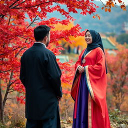 A Muslim woman dressed in traditional Korean attire, known as hanbok, showcasing vibrant colors and flowing fabric, standing gracefully amidst a beautiful autumn landscape