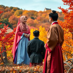 A Muslim woman dressed in traditional Korean attire, known as hanbok, showcasing vibrant colors and flowing fabric, standing gracefully amidst a beautiful autumn landscape