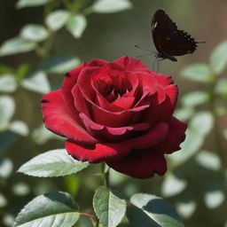 A deep red, velvety rose with a delicately perched butterfly, shimmering under the soft sunlight.