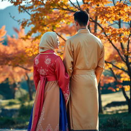 A Muslim woman dressed in traditional Korean Hanbok, featuring vibrant colors and intricate patterns, standing gracefully with her back to a tall and handsome man