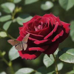 A deep red, velvety rose with a delicately perched butterfly, shimmering under the soft sunlight.