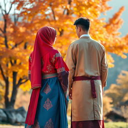A Muslim woman dressed in traditional Korean Hanbok, featuring vibrant colors and intricate patterns, standing gracefully with her back to a tall and handsome man