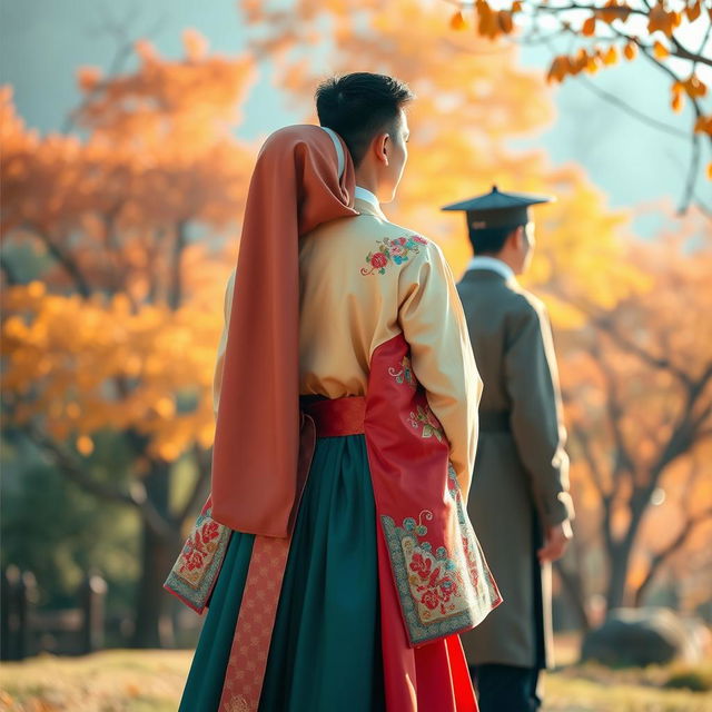 A Muslim woman dressed in traditional Korean Hanbok, featuring vibrant colors and intricate patterns, standing gracefully with her back to a tall and handsome man