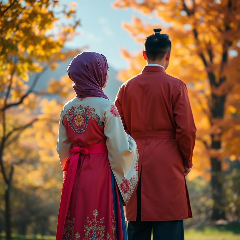 A Muslim woman dressed in traditional Korean Hanbok, featuring vibrant colors and intricate patterns, standing gracefully with her back to a tall and handsome man