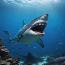 An underwater world full of Megalodons, the colossal ancient sharks, with marine life flourishing around. Coral reefs brightly colored and azure oceanic expanses, while the mighty Megalodons swim through it all, showing their incredible size and power.