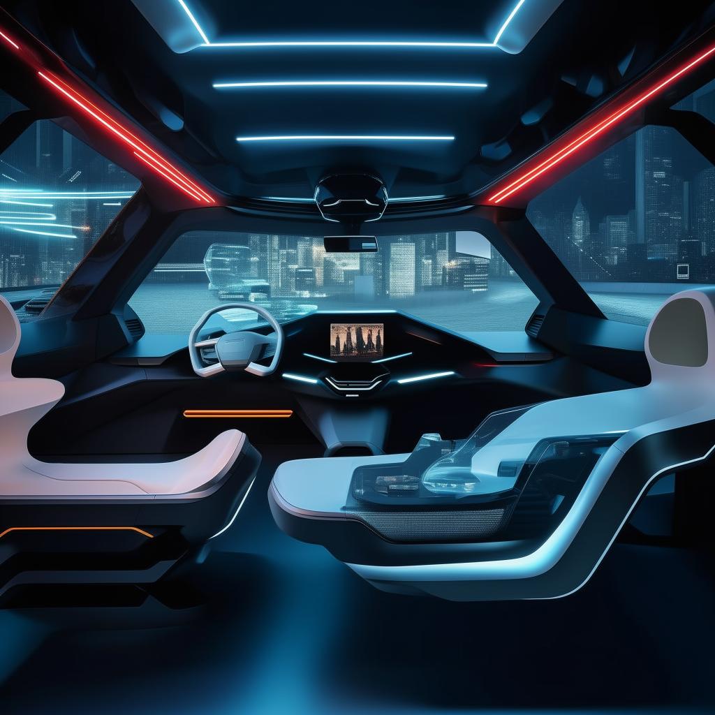 The driver's cabin of a state-of-the-art, futuristic van furnished with advanced technologies and modern design elements.