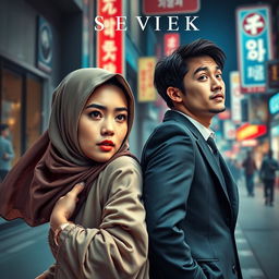 A dramatic book cover design featuring a Muslim woman in traditional attire, showcasing her determination and emotional intensity as she chases after a handsome Korean man dressed in modern clothing